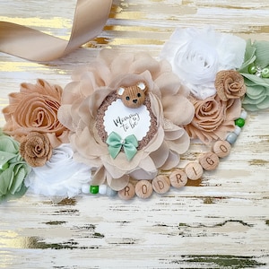 Teddy Bear Baby Shower Mommy to be Maternity Sash, Brown Sage Green Teddy Bear Baby Shower Sash, Mommy to be Corsage and Pin for Baby Shower