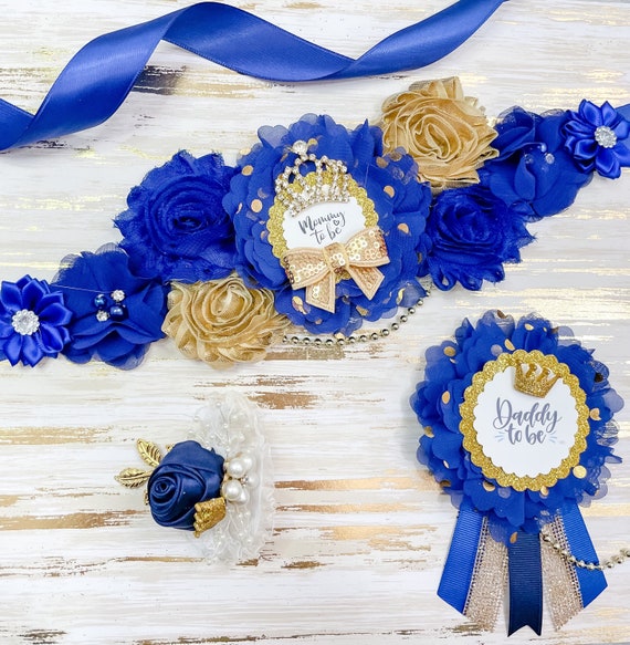 Handmade Baby Shower Sash Set – It's A Boy Mom To Be Sash With Prince Crown & Blue Ribbon Corsage