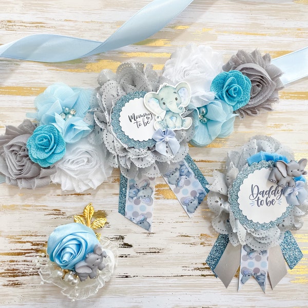 Blue Baby Elephant Baby Shower Maternity Sash, Blue Elephant Baby Shower Mom to be Pin and Sash, Elephant Mom to be Corsage, Elephant Shower