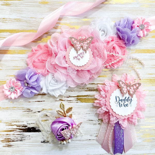 Pink and lavender Butterfly Baby Shower Maternity Sash, Mom to be butterfly, Maternity Sash, Pink Maternity butterfly sash