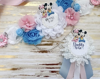 Mickey Mouse Minnie Mouse Baby Shower Gender Reveal Mommy to be Sash for Shower Baby Shower Sash for Gender Reveal Blue and Pink