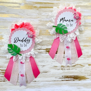Flamingo Baby Shower Pins, Flamingo Thema Baby Shower Anstecknadeln, Flamingo Baby Shower Decor mit Palmenblatt