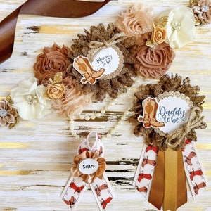 Cowboy Baby Shower Sash, Brown Cowboy Baby Shower, Mommy to be Sash For Baby Shower or Gender Reveal, Cowboy Baby Shower pins, Mom to be Pin
