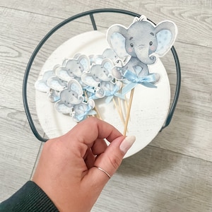 Blue Baby Elephant Watercolor cupcake toppers, Baby Shower Boy Blue Elephant food picks, Large Baby Shower Elephant Cupcake Toppers