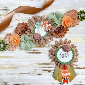 Fox Woodland Baby Shower, Flower Fox Woodland Corsage Pin and Sash Set, Fox Corsage Pin, Woodland Flower Sash, Fox Shower, Woodland Pin