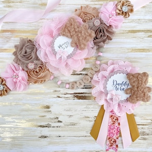 Pink Teddy Bear Baby Shower Sash, Teddy Bear Maternity Sash, Pink and Brown Teddy Bear Sash, Mom to be Baby Shower Sash, Teddy Bear Shower