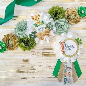 Greenery Safari Baby Shower Sash, Jungle Safari Baby Shower Mommy to be Sash, Safari Baby Shower Corsages, Baby Shower Pins with Lion