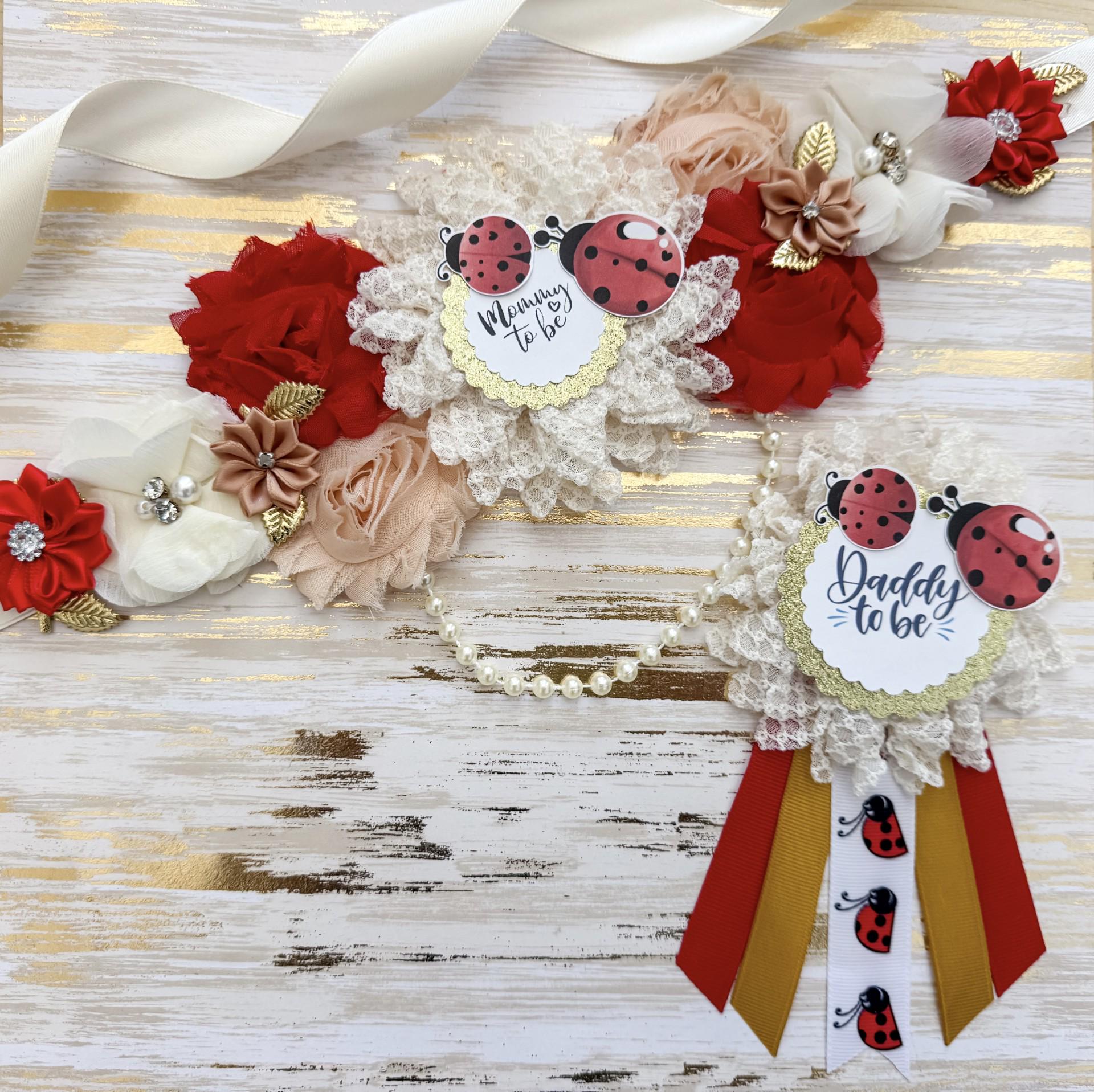 Ladybug Mommy to Be Sash and Daddy to Be Pin Set – Baby Shower