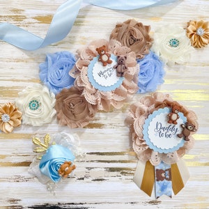 Blue and Brown Teddy Bear Maternity Sash for Baby Shower, Mom to Be Sash for Shower, Teddy Bear Theme Baby Shower. Teddy Bear Sash