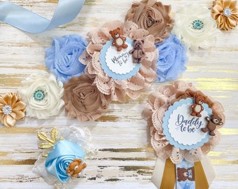 Blue and Brown Teddy Bear Maternity Sash for Baby Shower, Mom to Be Sash for Shower, Teddy Bear Theme Baby Shower. Teddy Bear Sash