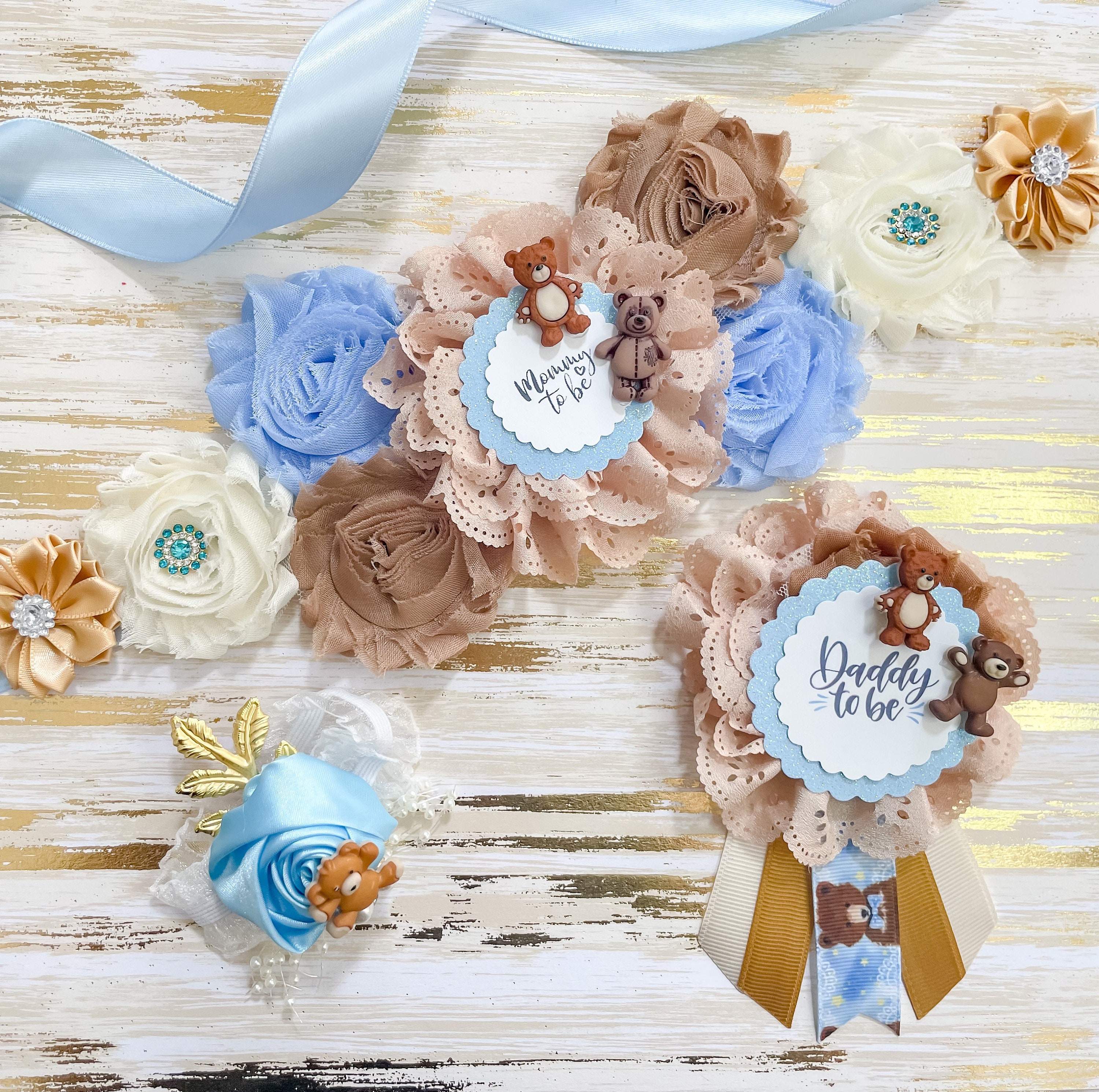 Blue and Brown Teddy Bear Maternity Sash for Baby Shower  display picture 2