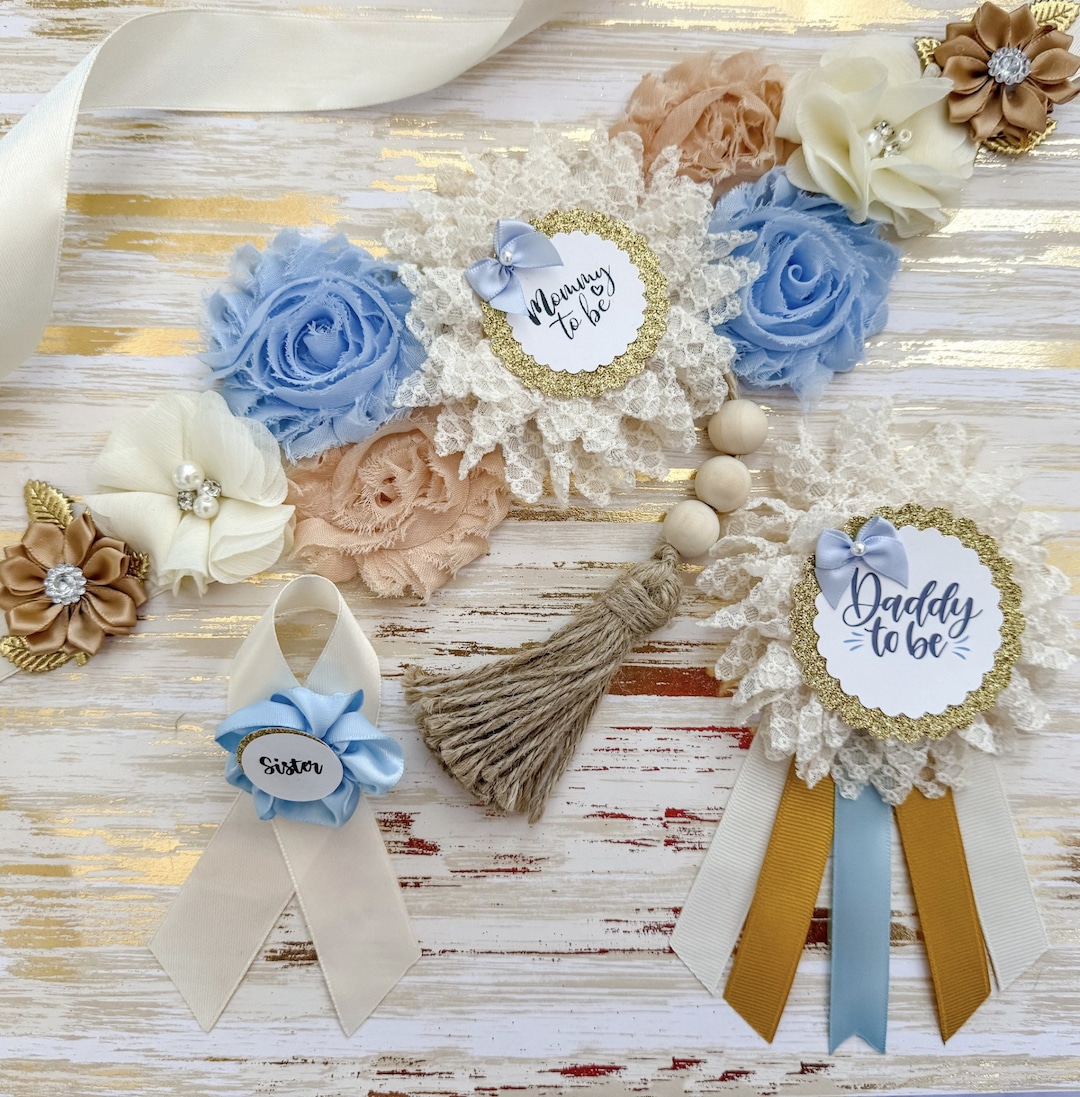 Blue Boho Baby Shower Mommy to Be Sash and Family Pins, Blue  display picture 2