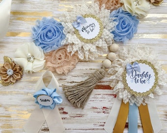 Blaue Boho Babyparty Mama zu Sash und Familie Pins, Blau und Elfenbein Boho Babyparty Schärpe und Pins, blaues Woodland