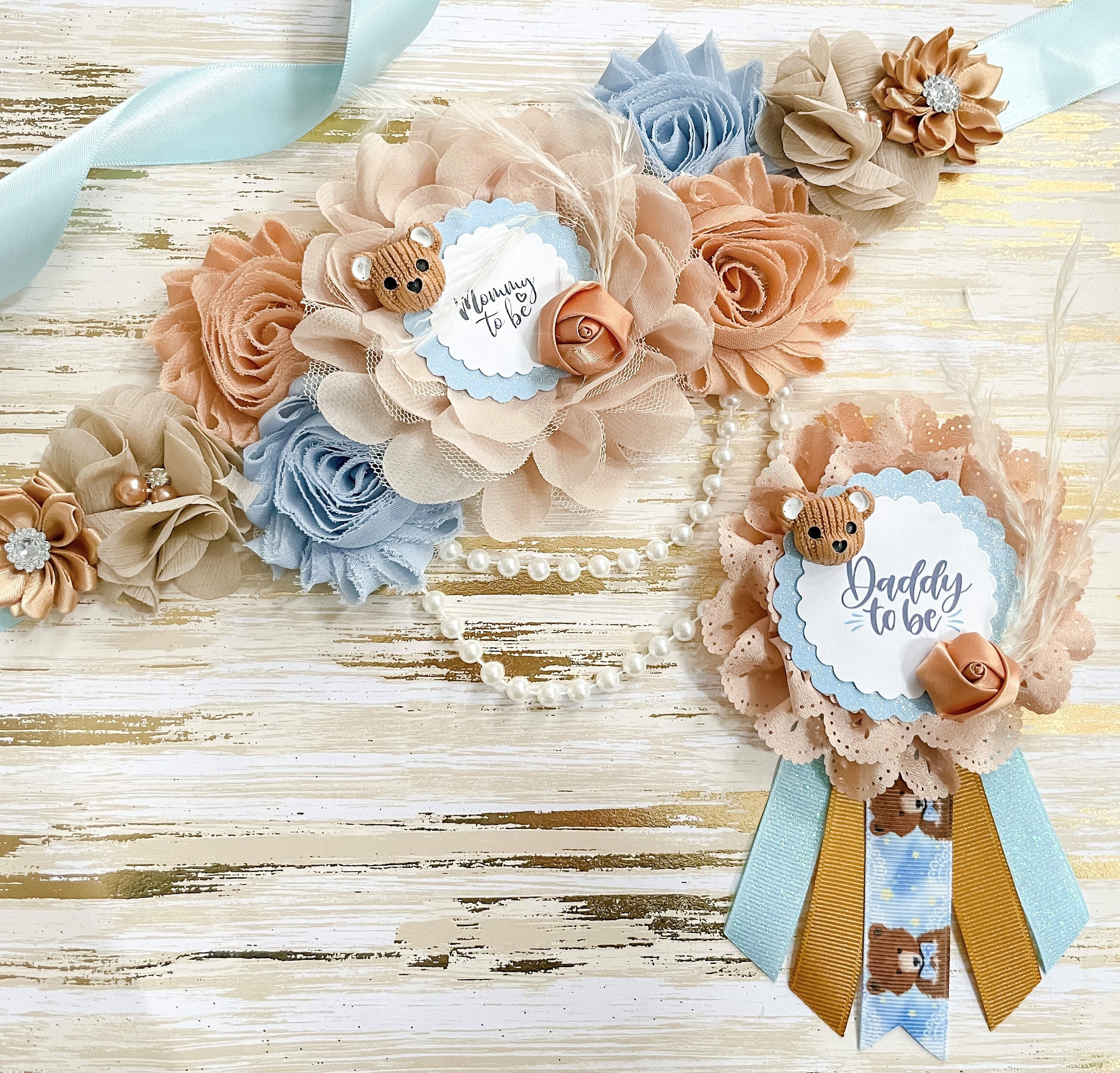Boho Teddy Bear Baby Shower Sash, Blue and Brown Teddy Bear Mommy to be Matenrity Sash, Teddy Bear Baby Shower Sash for Mommy to be, Teddy