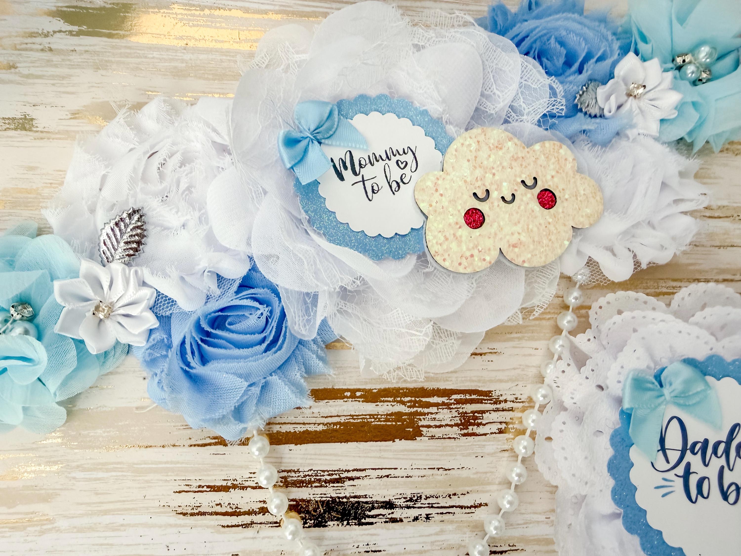 Vani Girl Maternity Sash & Corsage Set - Blue, White, Beige Blue Elephant Baby Shower Maternity Sash Boy , Mom Dad and  main image 4
