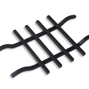 May include: A black fireplace grate with a rectangular design. The grate has five horizontal bars supported by two curved, handle-like extensions on each side. The metal grate is designed to hold logs for a fireplace.