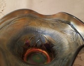 Vintage Fenton Crimped Hat Vase Blackberry Banded Blue Cobalt Carnival Glass