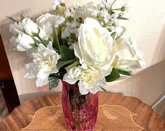 Valentine’s Floral Arrangement with White Roses in Pink Glass Vase