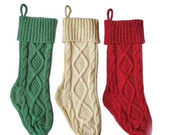 Cableknit Christmas Stockings in Ivory, Red, Green. Classy and Bright!