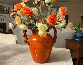 Tuscan Rust, Orange, Beige Floral Arrangement in Stoneware Urn Vase