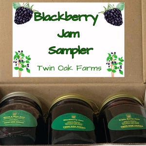 May include: A cardboard box containing three jars of jam. The jars have gold lids and green labels. The box has a white label that reads "Blackberry Jam Sampler" with illustrations of blackberries and the words "Twin Oak Farms".