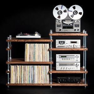 Asymmetric record player stand with vinyl record storage / Turntable stand with vinyl record holder