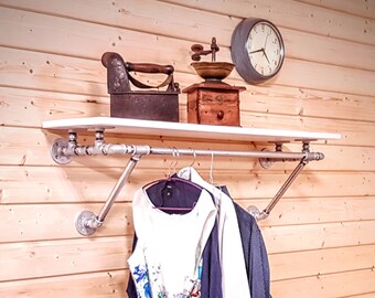 Wall mounted clothes rack with shelf, Industrial clothing rack, Industrial Shelving, Pipe rack with shelf, Clothes rail, Steampunk furniture