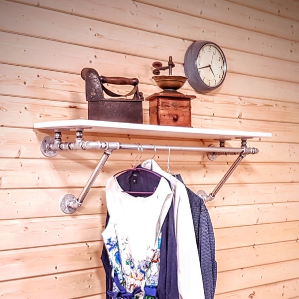 Wall mounted clothes rack with shelf, Industrial clothing rack, Industrial Shelving, Pipe rack with shelf, Clothes rail, Steampunk furniture