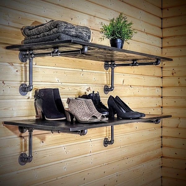 Heavy duty wall mounted industrial pipe shelf - shoes rack, retail display