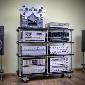 Double width audio rack / Record player stand / Stereo cabinet with adjustable shelf height on wheels
