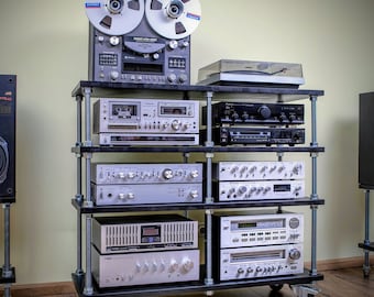 Doppelbreites Audioregal / Plattenspielerständer / Stereoschrank mit höhenverstellbaren Böden auf Rollen