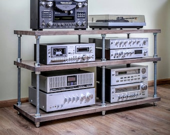 Audio rack with adjustable oak shelves / Record player stand / Media console / Entertainment stand