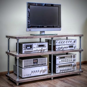 Oak tv unit with adjustable shelf height - Industrial TV stand - Entertainment center