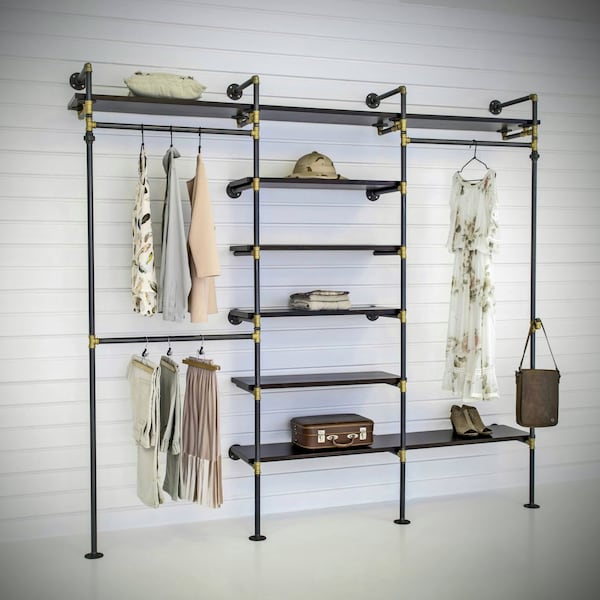 Wall mounted open wardrobe closet with shelves / Industrial Clothing Rack / Retail clothing and garment rack