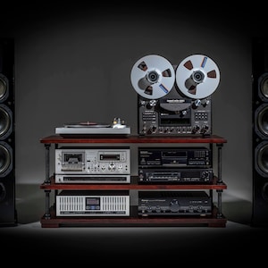 Low profile audio rack with black hardware, Low shelving audio rack, Turntable stand , Record player stand