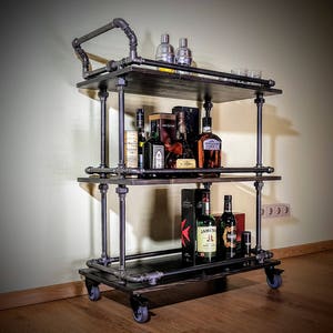 Bar cart, Beverages bar, Wine cart, Industrial bar, Rolling bar, Rustic bar, Liquor cabinet, Industrial furniture, Steampunk furniture, Beer image 1