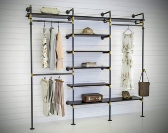 Wall mounted open wardrobe closet with shelves / Industrial Clothing Rack / Retail clothing and garment rack