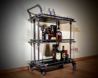 Bar cart, Beverages bar, Wine cart, Industrial bar, Rolling bar, Rustic bar, Liquor cabinet, Industrial furniture, Steampunk furniture, Beer