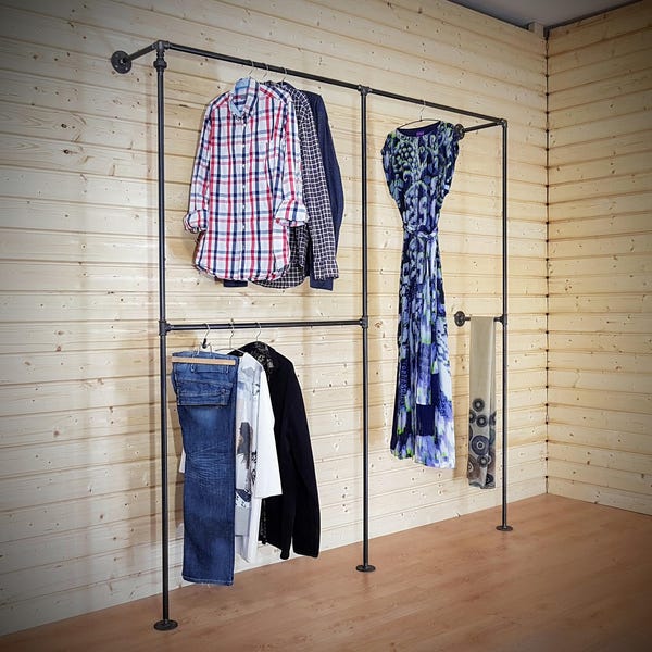 Industriell rörklädställning, Industriell klädstång, Klädstång i metall, Svart klädställning, Klädställning för butik