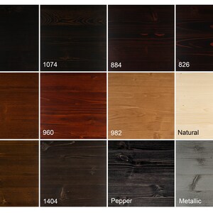 May include: A wood stain color chart with 10 different wood stain colors. The colors are: 856, 1074, 884, 826, 939, 960, 982, Natural, 871, 1404, Pepper, Metallic.