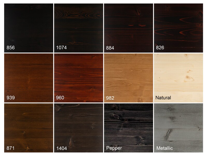 May include: A wood stain color chart with 10 different wood stain colors. The colors are: 856, 1074, 884, 826, 939, 960, 982, Natural, 871, 1404, Pepper, Metallic.