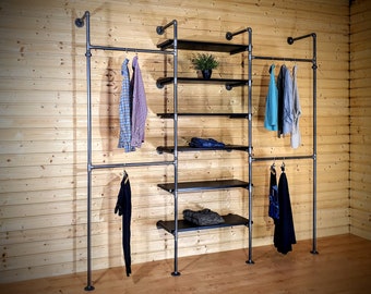 Industrial pipe clothing rack with shelves / Clothes storage system / Wardrobe storage solutions