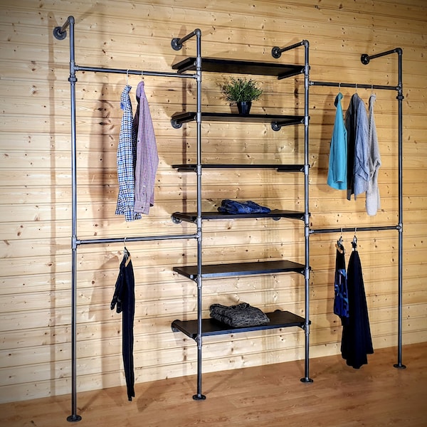 Industrial pipe clothing rack with shelves / Clothes storage system / Wardrobe storage solutions