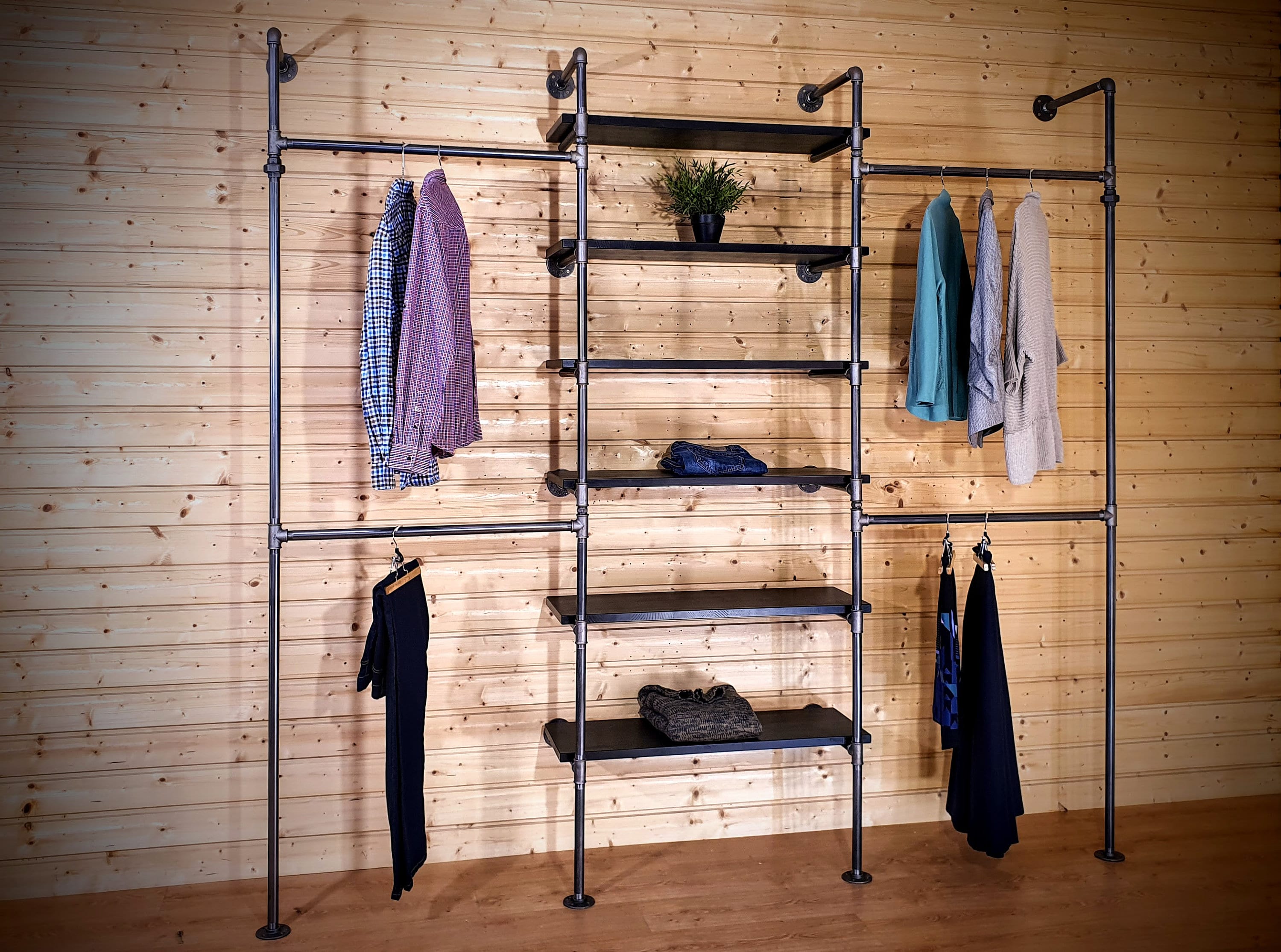 Industrial Pipe Clothing Rack With Shelves / Clothes Storage System /  Wardrobe Storage Solutions 