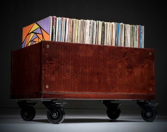 Rolling record crate, Portable vinyl record storage crate on wheels, LP Storage Box, Vinyl record organizer, LP crate
