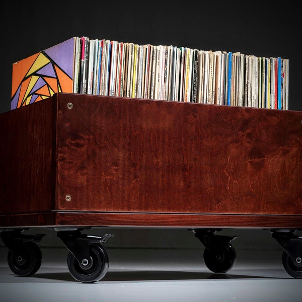 Rolling record crate, Portable vinyl record storage crate on wheels, LP Storage Box, Vinyl record organizer, LP crate