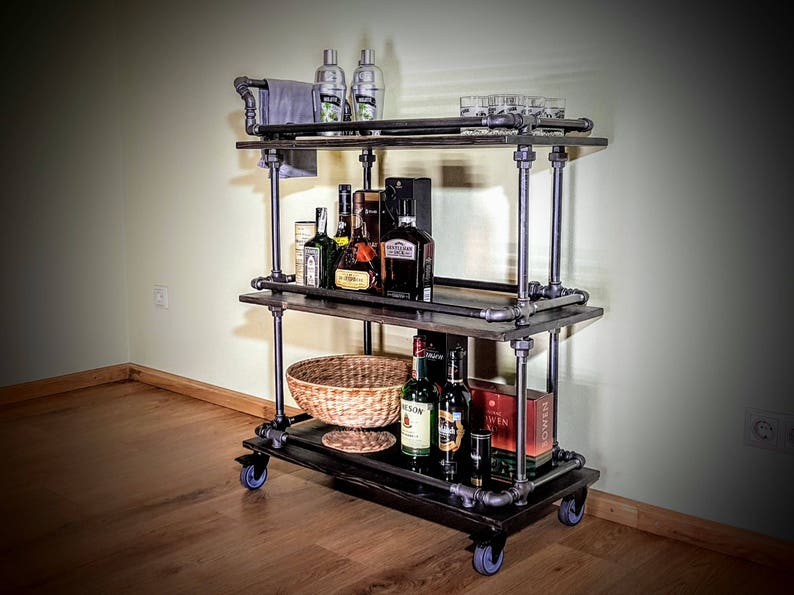 Bar cart, Beverages bar, Wine cart, Industrial bar, Rolling bar, Rustic bar, Liquor cabinet, Industrial furniture, Steampunk furniture, Beer image 2