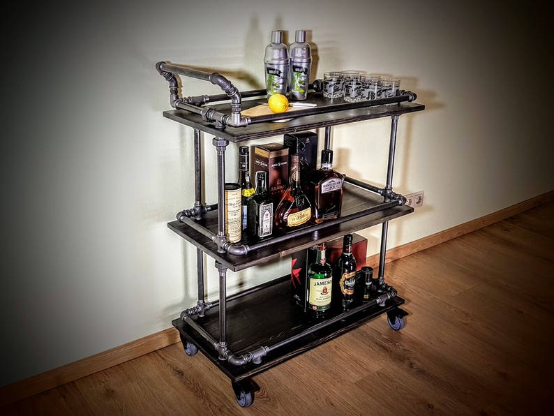 Bar cart, Beverages bar, Wine cart, Industrial bar, Rolling bar, Rustic bar, Liquor cabinet, Industrial furniture, Steampunk furniture, Beer image 5