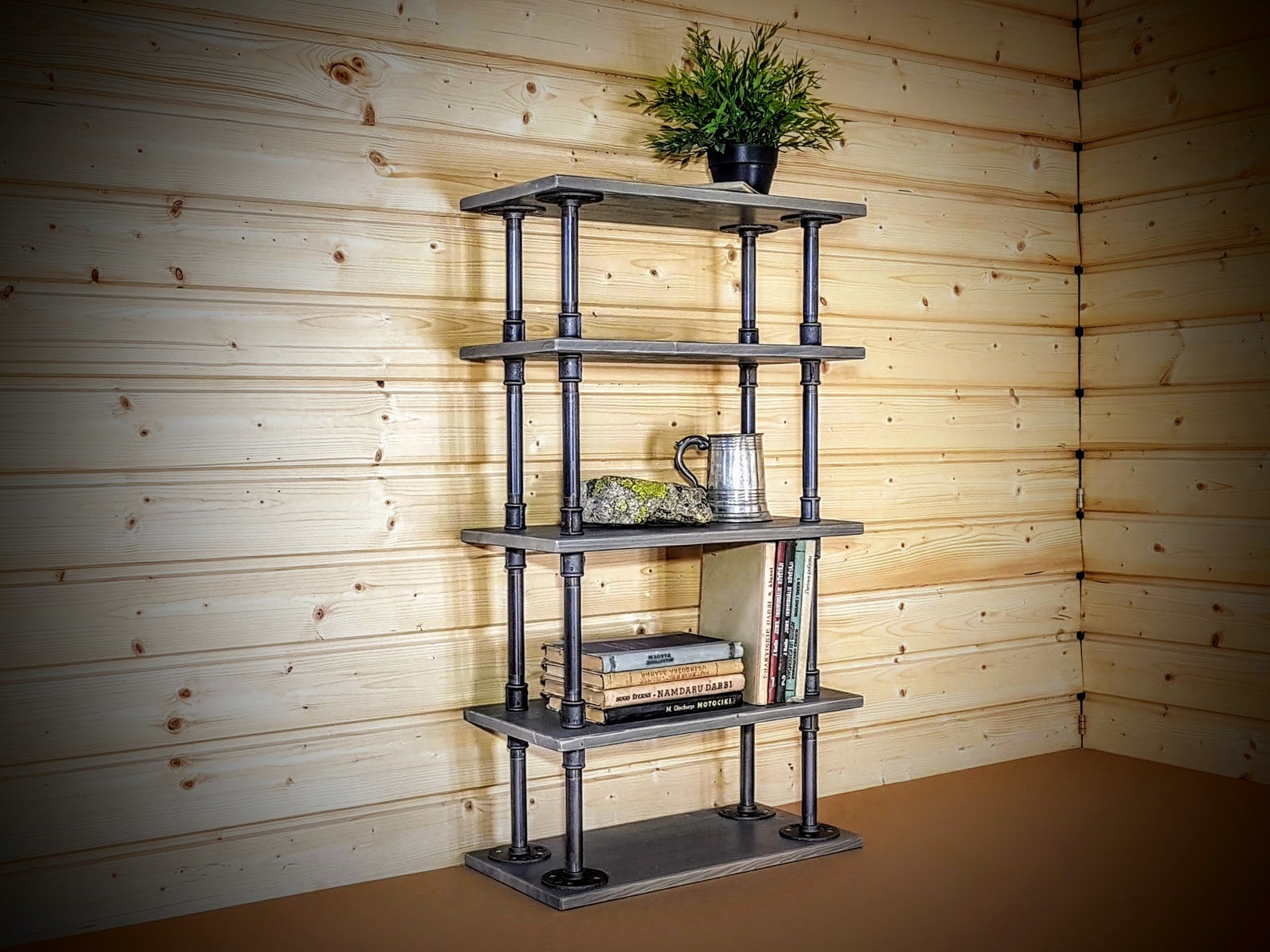Free standing pipe shelf Rustic bookcase Industrial shelve Etsy