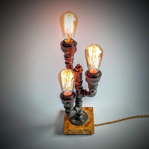 Table lamp, Edison table lamp, Edison lamp, Steampunk lamp, Industrial lighting, Gifts for man on light brown wooden base image 3